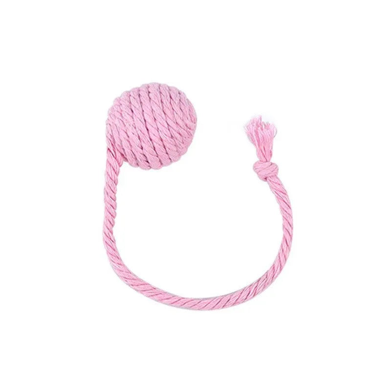 Colourful cat toy ball with rope attached and internal bell for kitten play stimulation