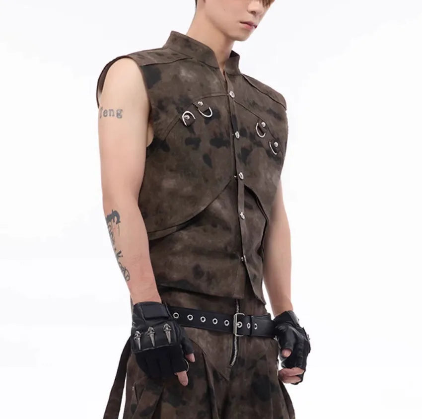 American retro camouflage denim vest and trousers set with semi-high collar and button front