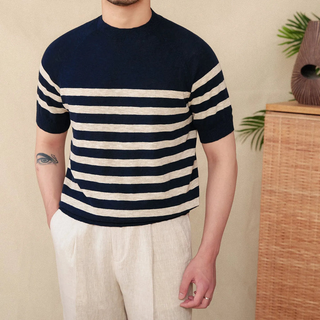 Linen cotton short sleeve t-shirt with stripe knit pattern in coffee colour