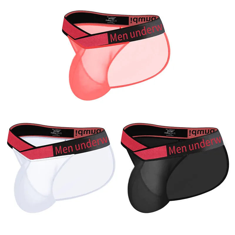 Men's solid colour ice silk nylon briefs showing low waist and large V gradient design.