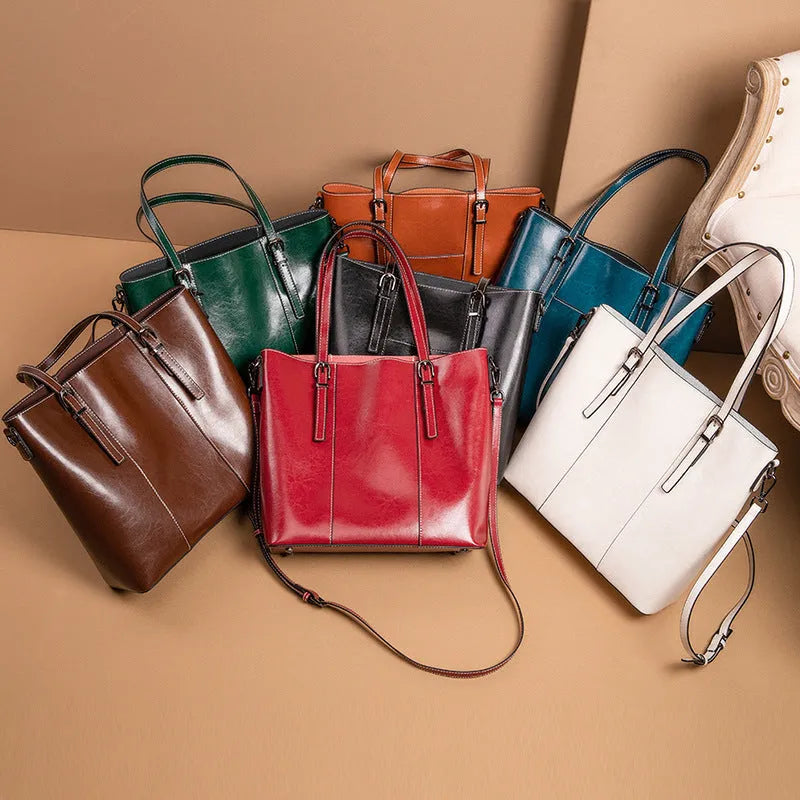 Genuine leather women's retro shoulder bag in brown with multiple compartments and straps