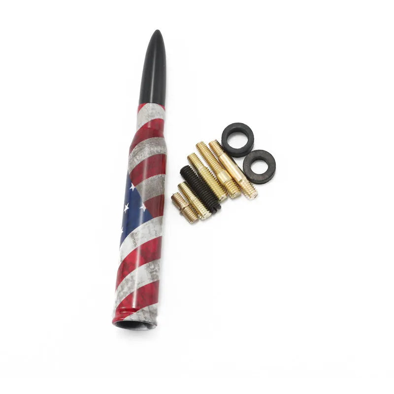 14cm bullet car antenna shown in camouflage green, black, and American flag colour options.