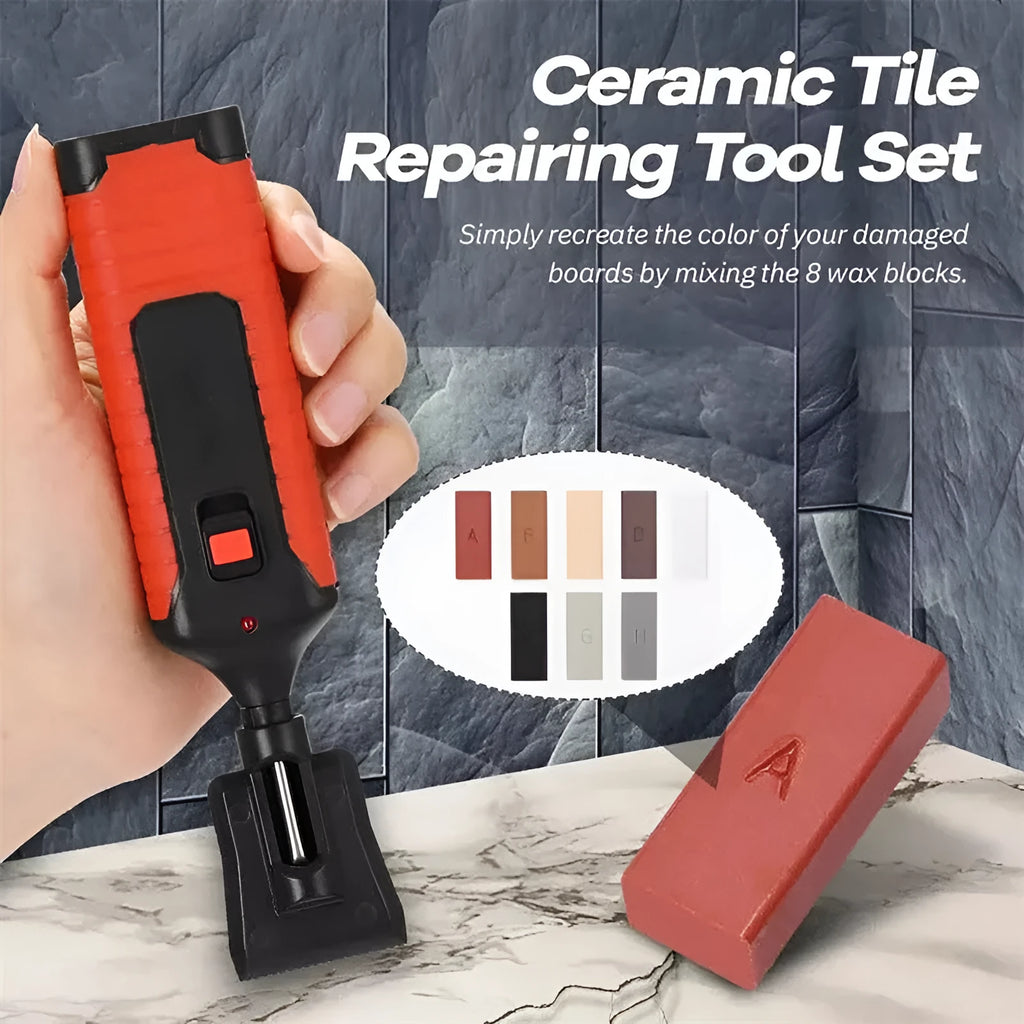 Floor repair tool set for DIY tile repair with red or yellow handles and wax components