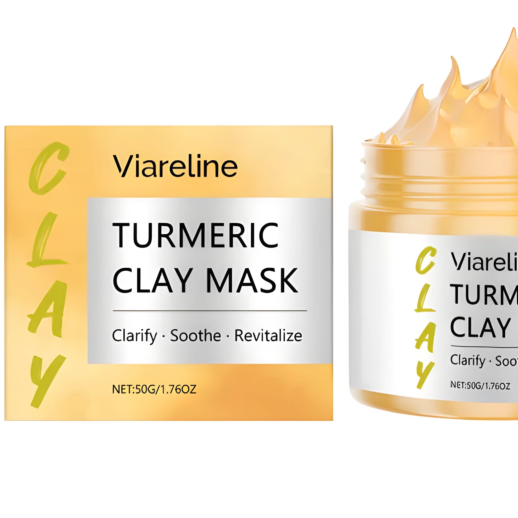 Yellow turmeric mud mask jar and brush for face application.