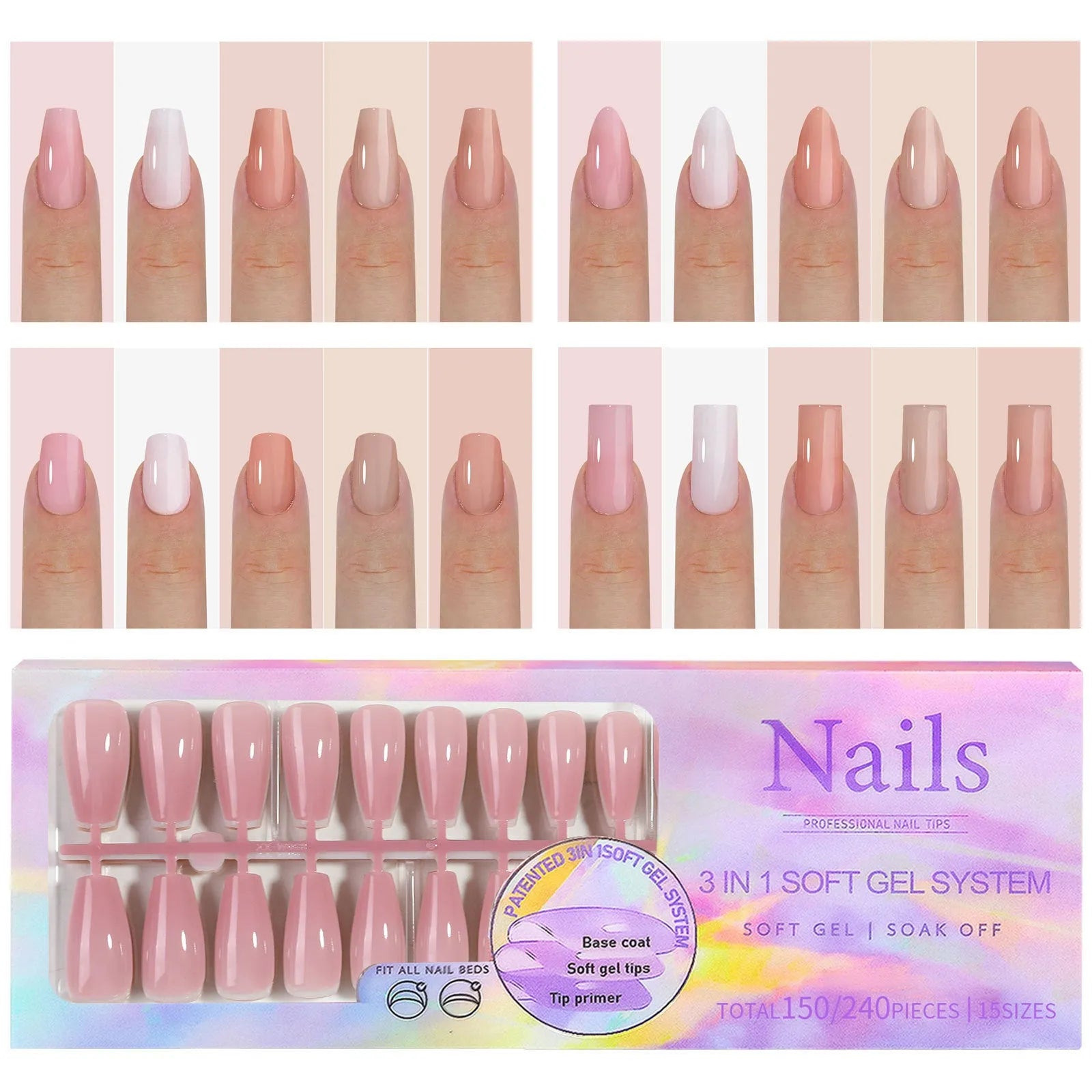 Box of nude seamless removable nail stickers showing eight colour shades for women.