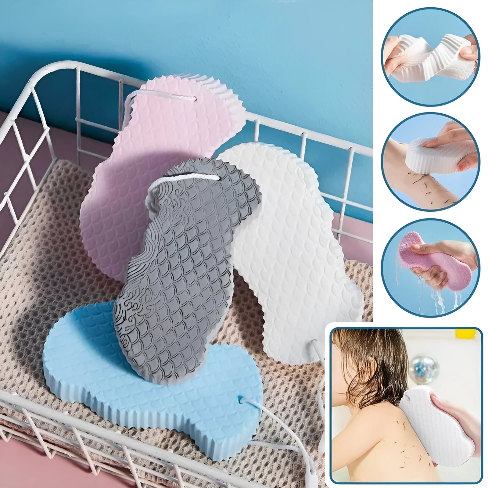 3D fish scale pattern bath sponge in white, grey, pink or light blue