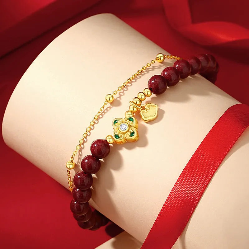 Women's sterling silver bracelet with Ruyi, Xiangyun and cinnabar flower traditional motifs
