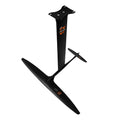 Black carbon fibre hydrofoil surfboard with large front wing for racing applications