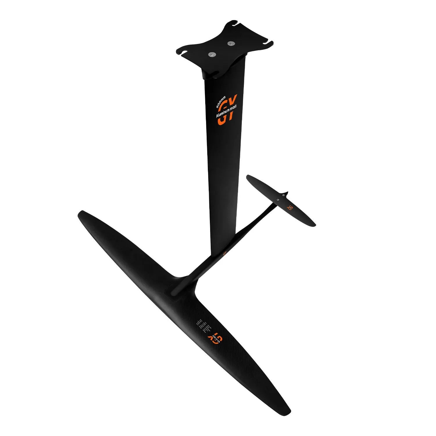 Black carbon fibre hydrofoil surfboard with large front wing for racing applications