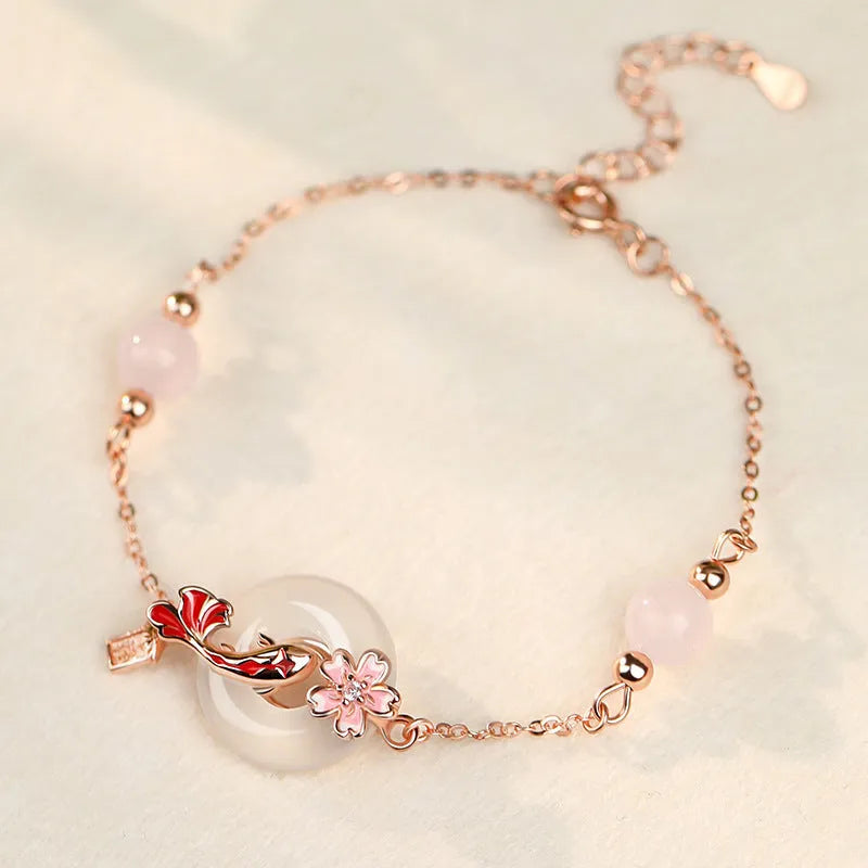 S925 sterling silver bracelet with white chalcedony stones and adjustable koi-colour clasp