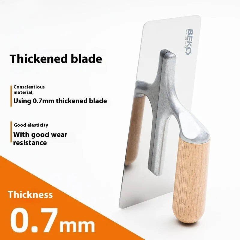 Stainless steel putty scraper with wooden handle for floor and wall plastering work