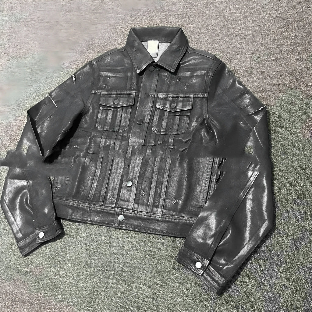 Black denim coat archive short slim jacket with lapel collar on model
