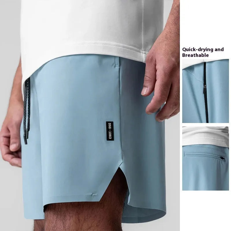 Men's gray seamless quick-dry sport shorts with a straight knee-length cut