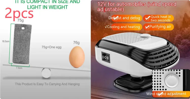 White or green portable 12V 24V warm air blower heater for car and truck use.