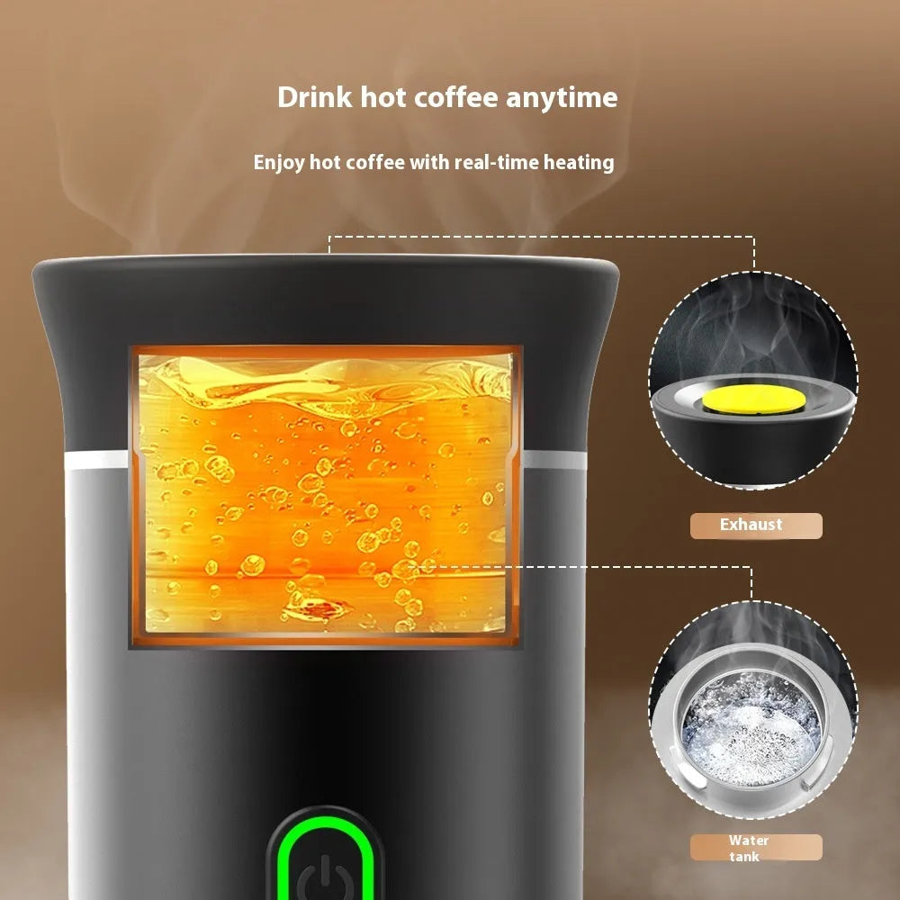Portable electric espresso machine in grey with USB charging cable, shown next to coffee capsules
