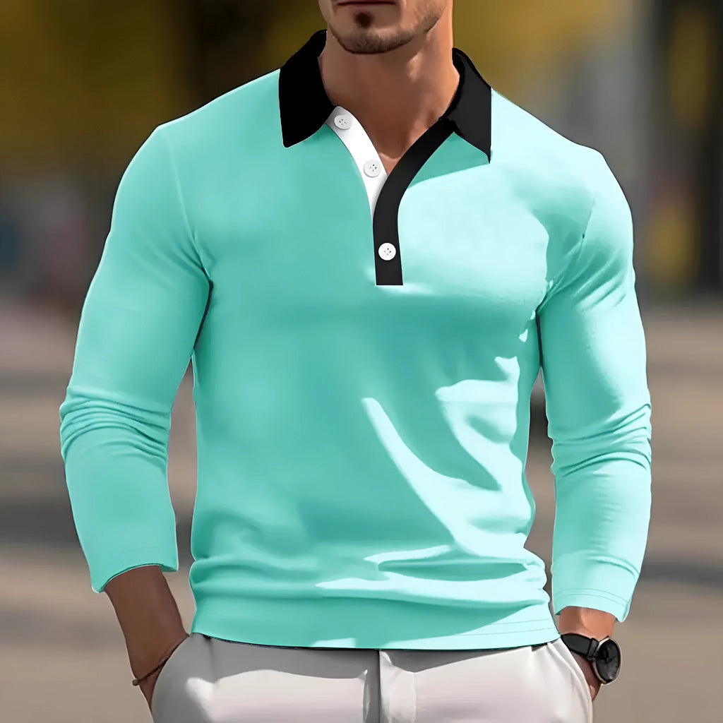 A man wearing a loose-fit long sleeve polo shirt with a button detail, available in various colours and sizes up to 6XL.