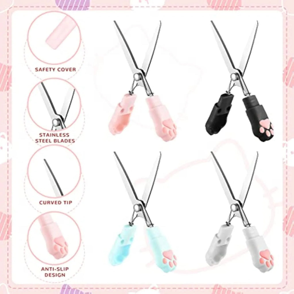 Cat paw design mini folding scissors in pink, showing stainless steel blades and compact size.