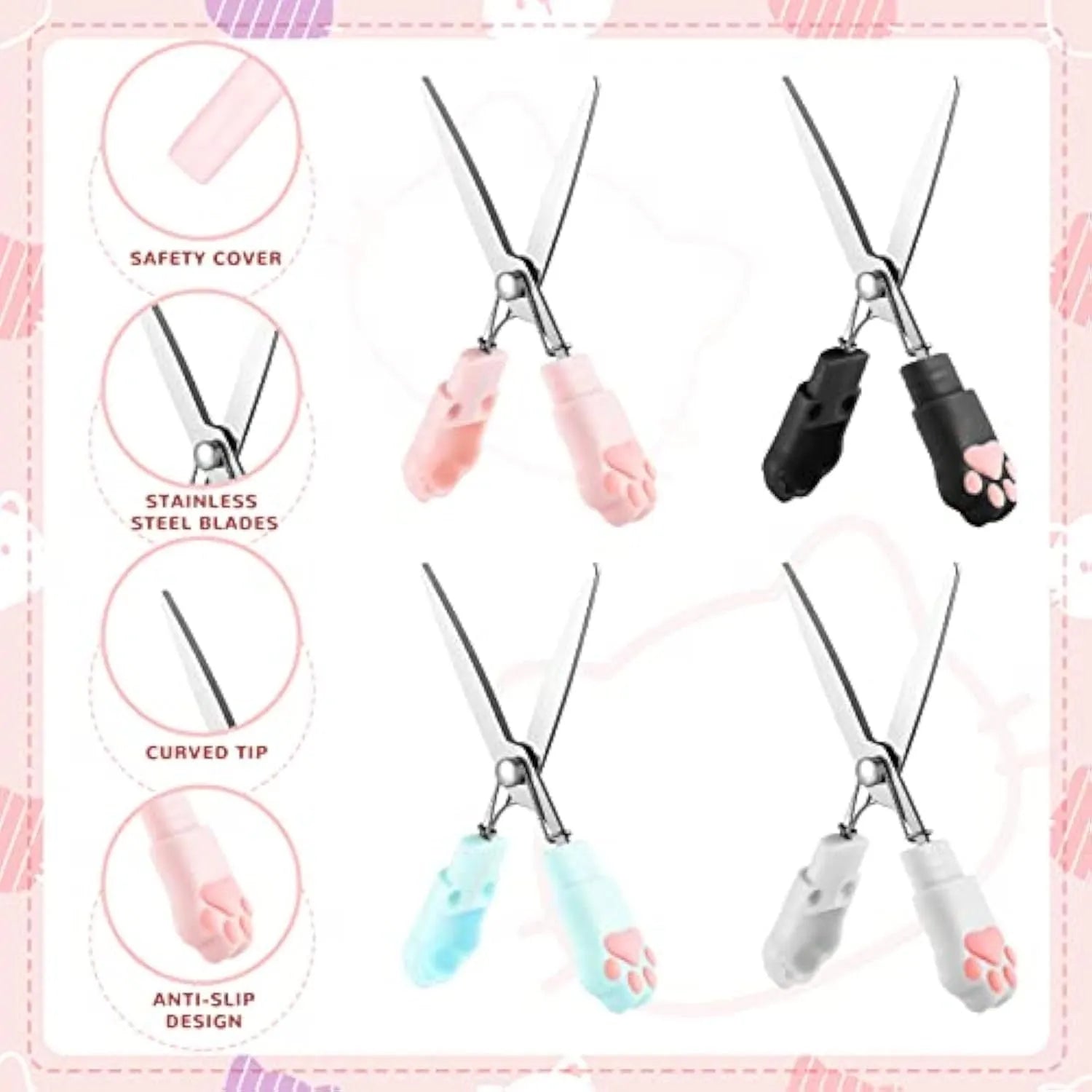 Cat paw design mini folding scissors in pink, showing stainless steel blades and compact size.
