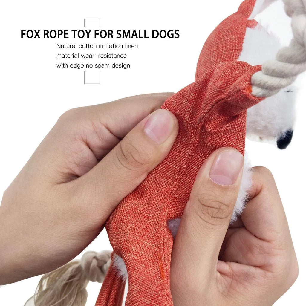 Brown fox dog toy with squeaker and crinkle paper, cotton rope arms and legs, embroidered eyes