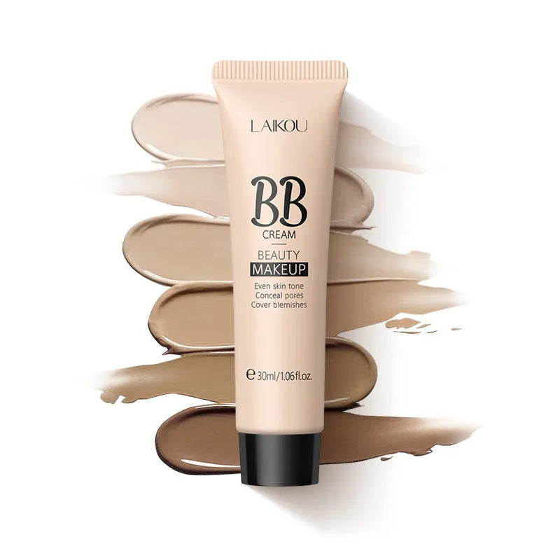 30ml tube of BB cream foundation showing nine colour shade options from ivory white to brown.