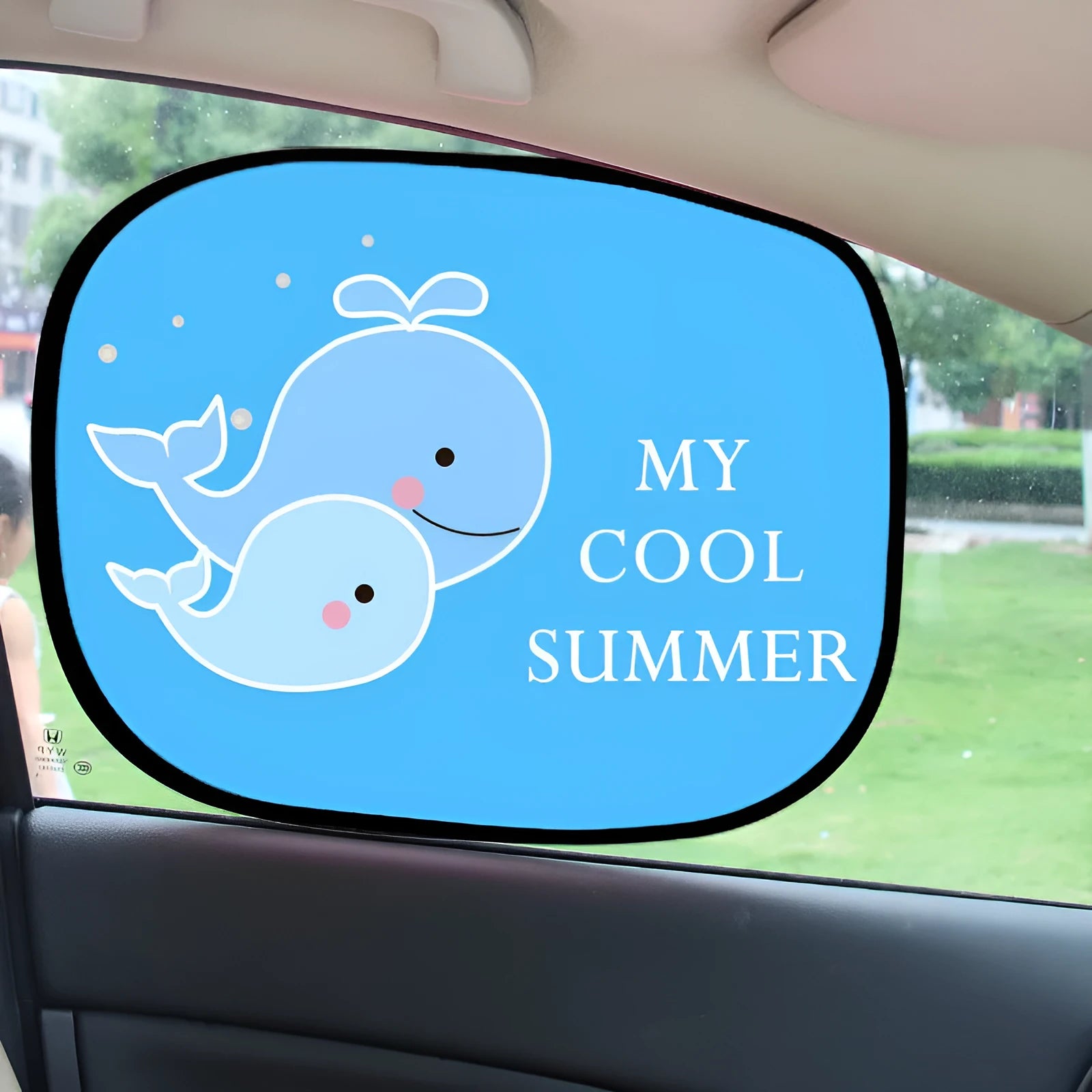 Electrostatic adsorption car side window sunshade with nylon mesh material shown on vehicle window