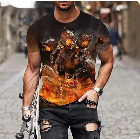 Men's 3D printed lion graphic T-shirt in polyester fabric showing fierce animal design