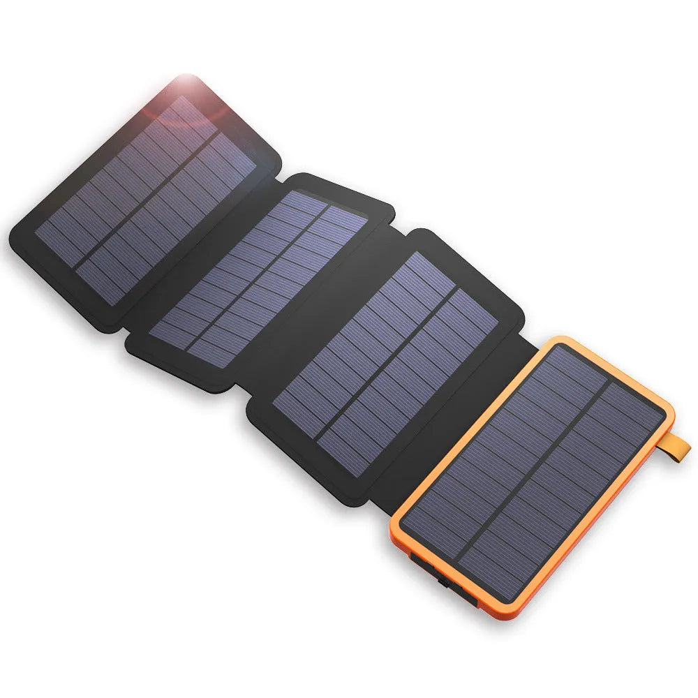 Outdoor solar phone charger power bank with solar panel and LED light in blue colour