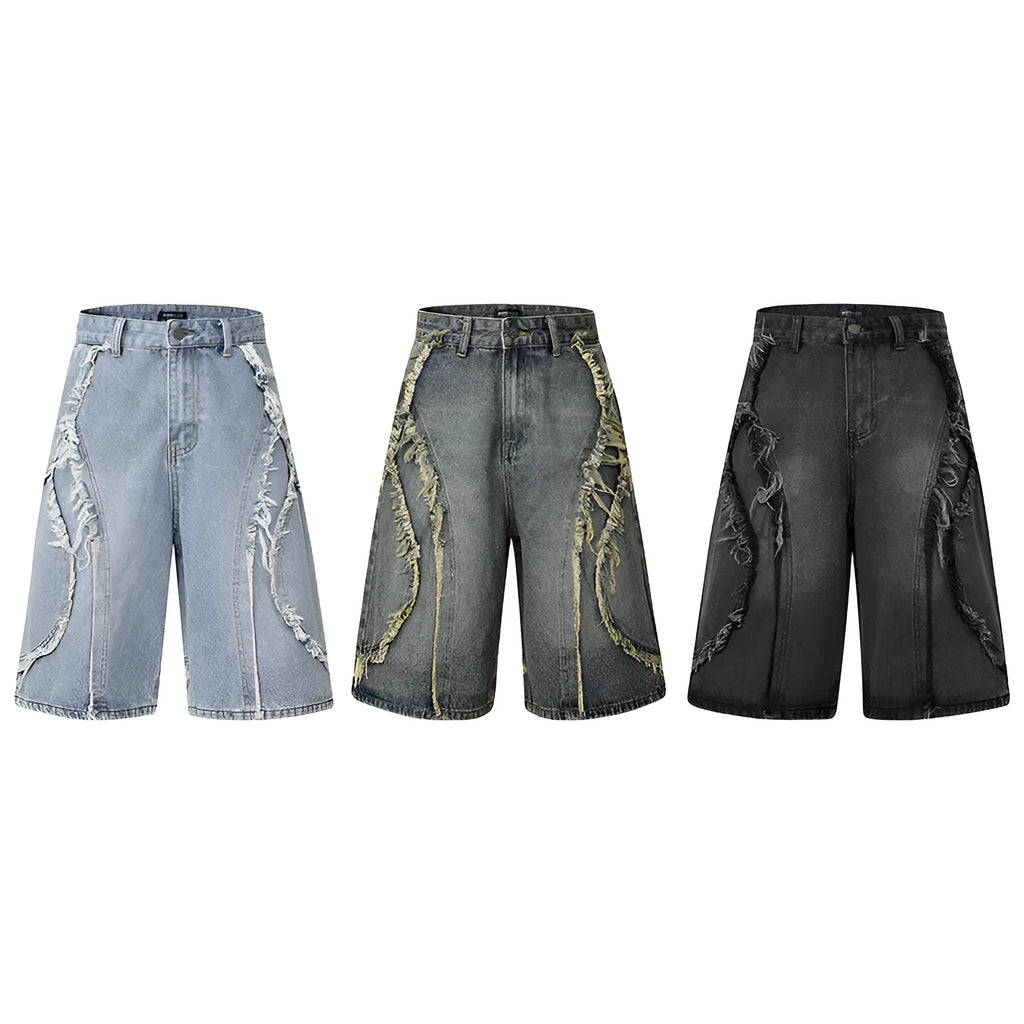 Men's distressed light blue denim shorts with raw edge hems and straight leg cut.