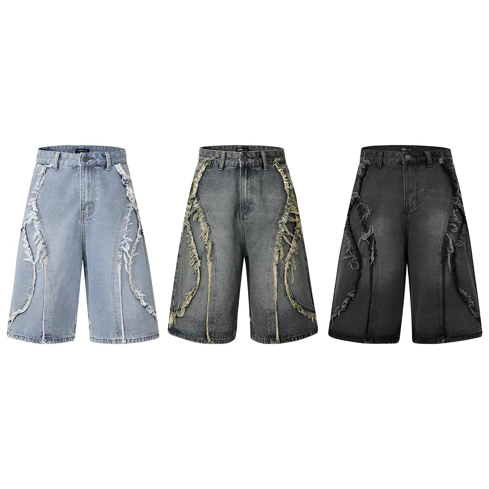 Men's distressed light blue denim shorts with raw edge hems and straight leg cut.