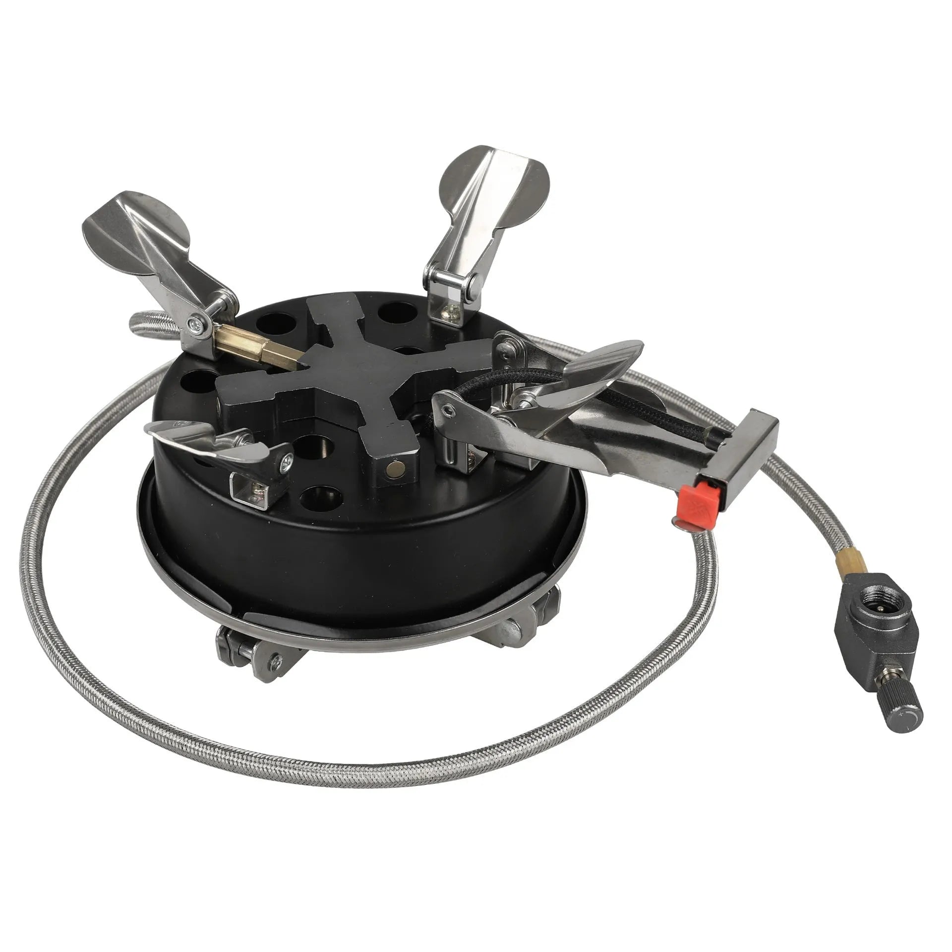 Silver portable split stove with stainless steel construction folded for transport