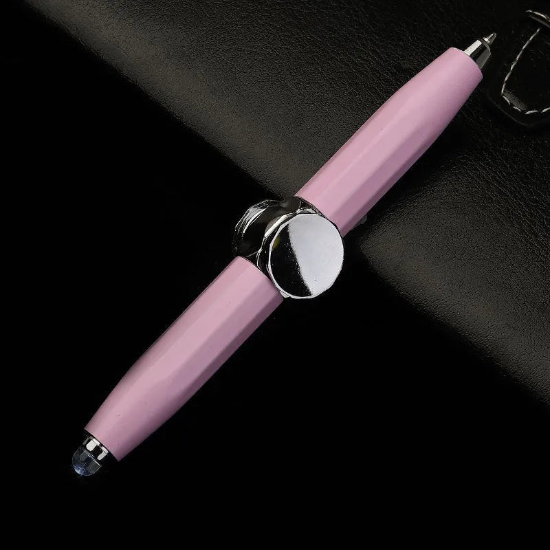 Metal spinning gyro ballpoint pen showing 10.5cm length with multiple refill colour options