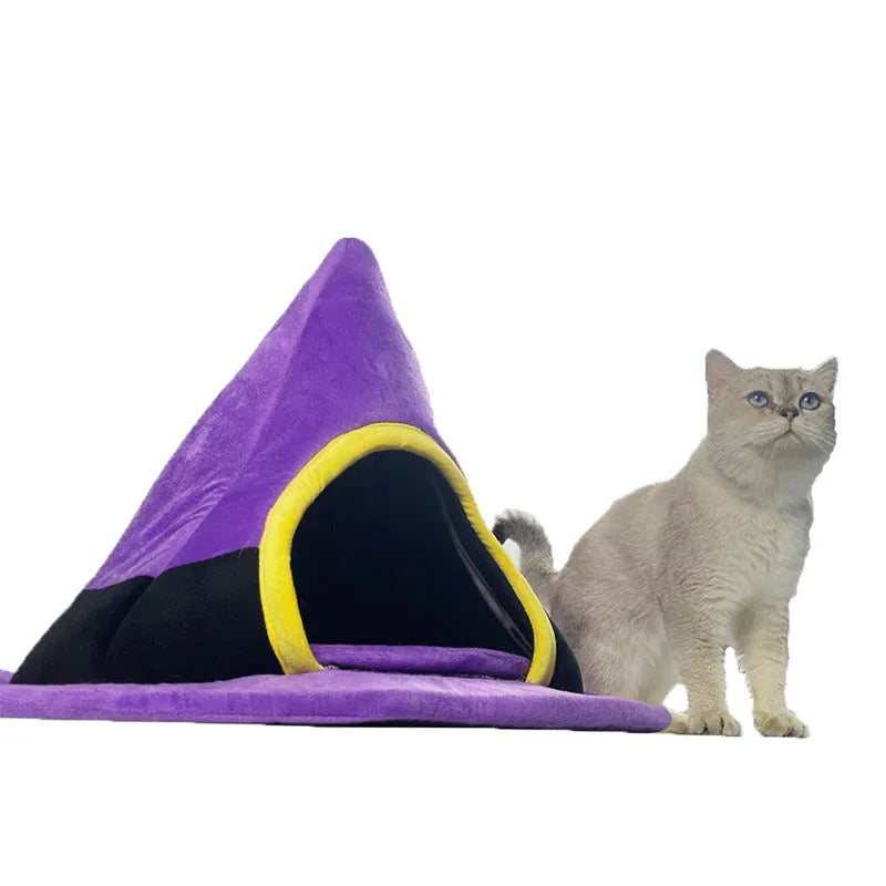 Purple witch hat shaped soft cloth cat bed for indoor use, measuring 60cm by 45cm.