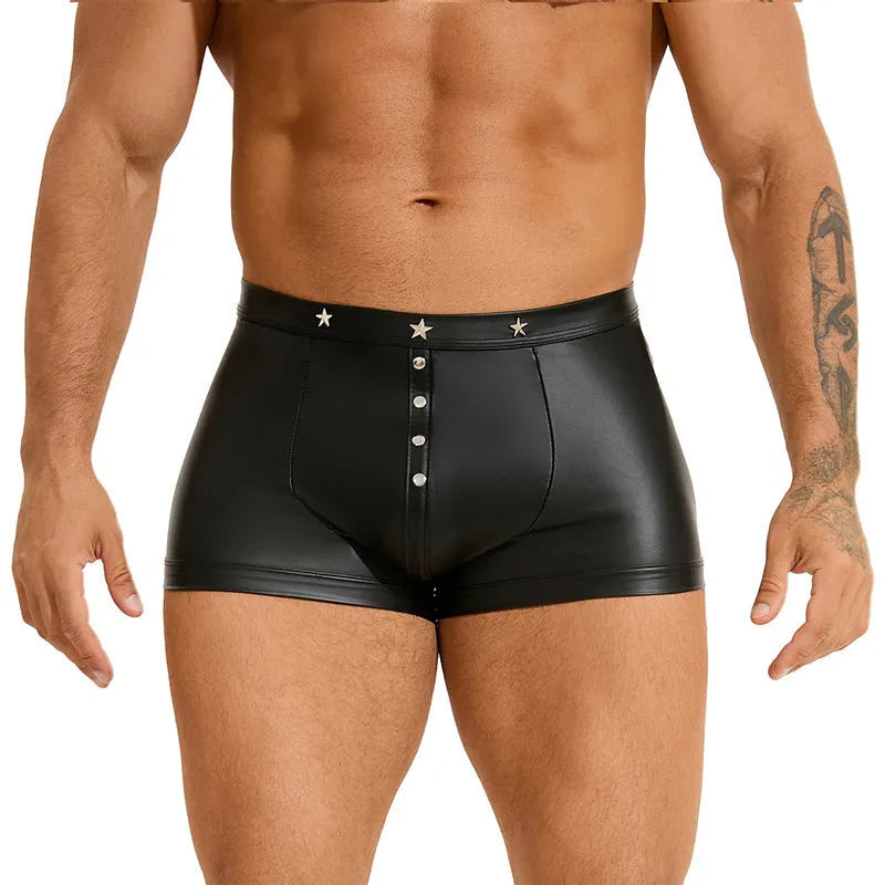 Black men's PU leather shorts with U-pouch design on a size chart showing M to 3XL