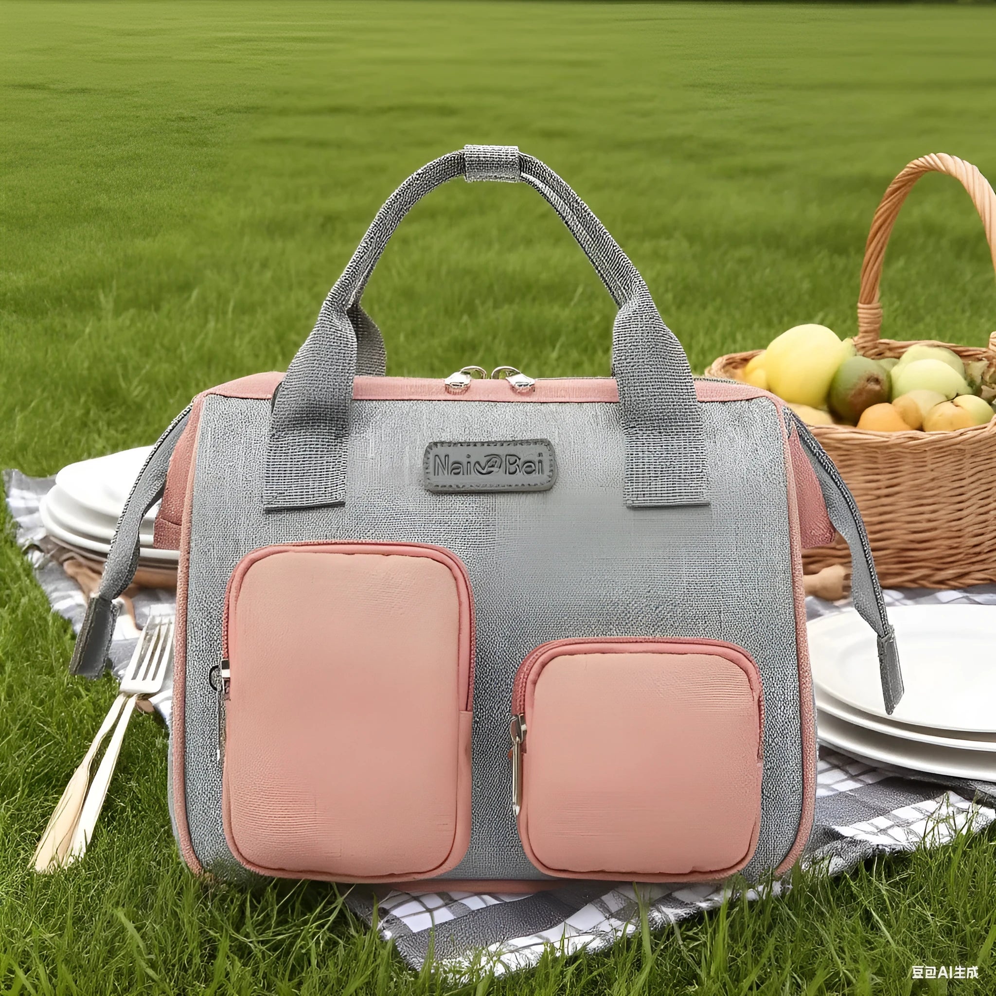 Women's Oxford cloth waterproof handbag with large capacity and organised compartments in grey or pink-grey