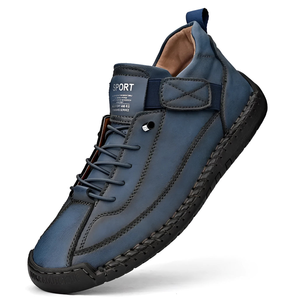 Men's round-toe mid-calf casual boot in black with visible tooling stitching detail on the microfiber upper.