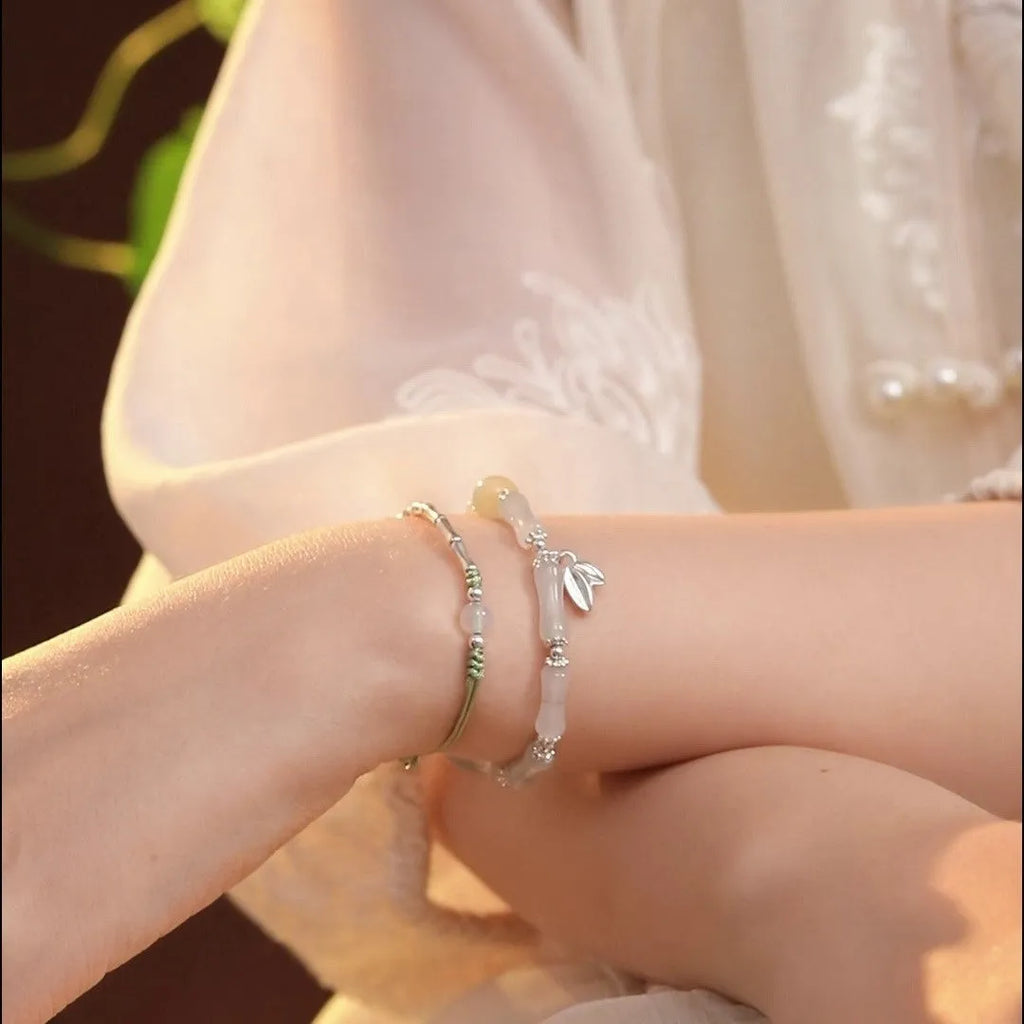 Women's antique silver bracelet with Tianshan green bamboo and bamboo joint design elements