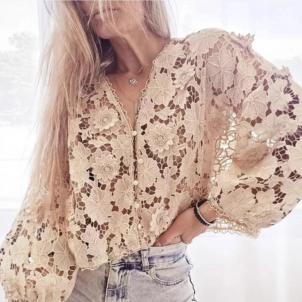 Women's loose fit lace cardigan with three-dimensional flower decoration and V-neck design