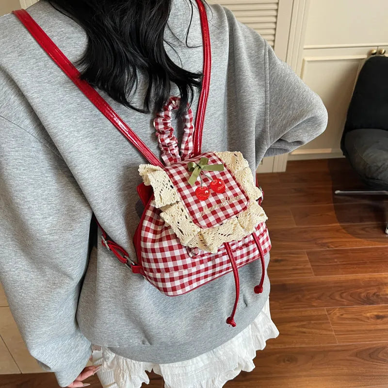 Sweet lace mini checkered backpack in cotton plaid with three-dimensional outer pocket and zipper interior