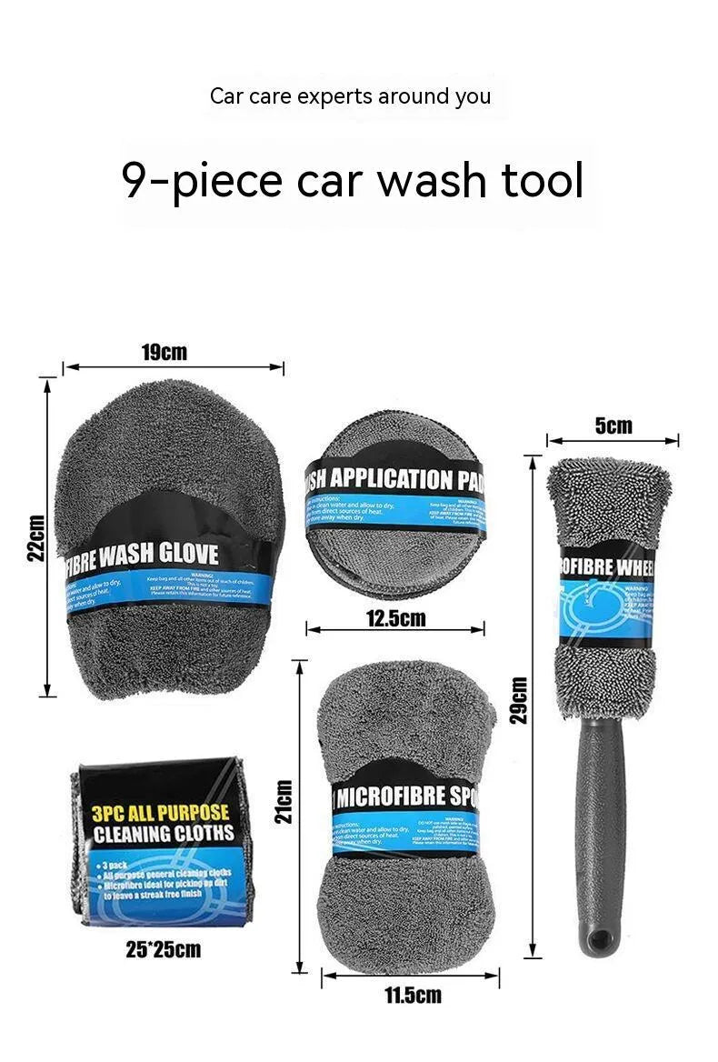 Grey 9-piece car wash set with microfiber sponge, glove, tyre brush, waxing wipes, and towels.
