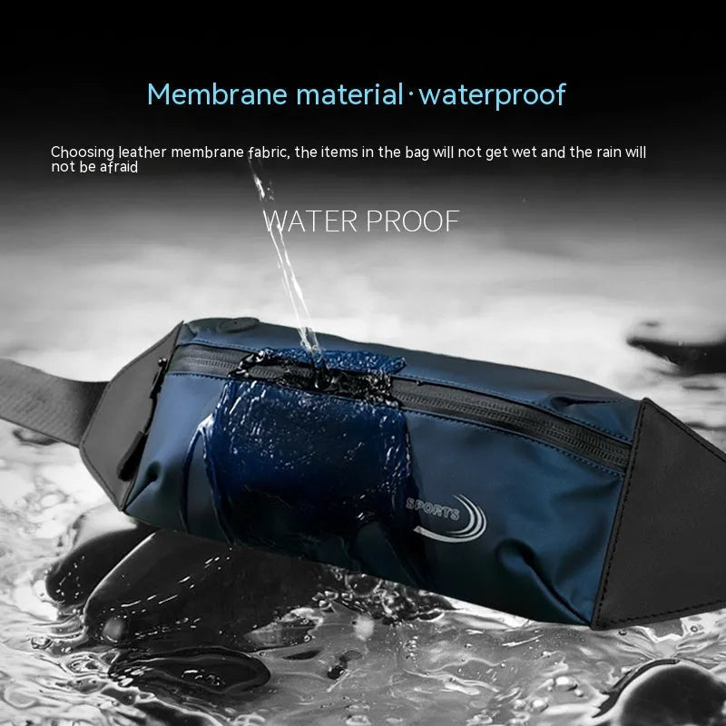 Men's blue Derm Oxford polyester waterproof sports waist bag showing size and belt clip.