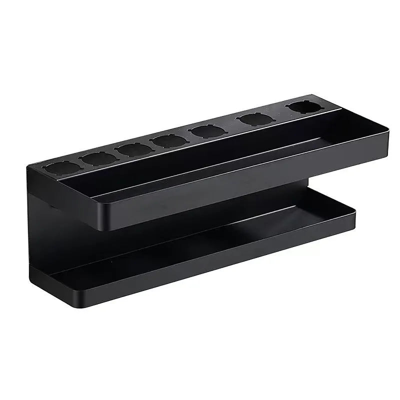 White double-layer aluminium bathroom storage rack for hair curlers mounted on a wall.