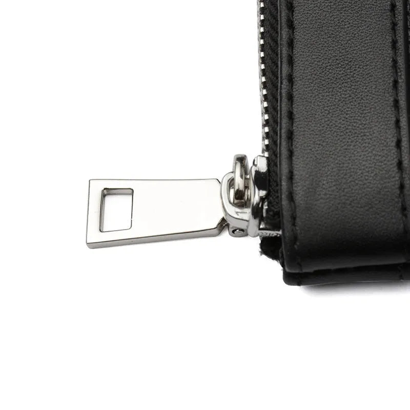 Men's black leather plaid clutch wallet showing front design and dimensions