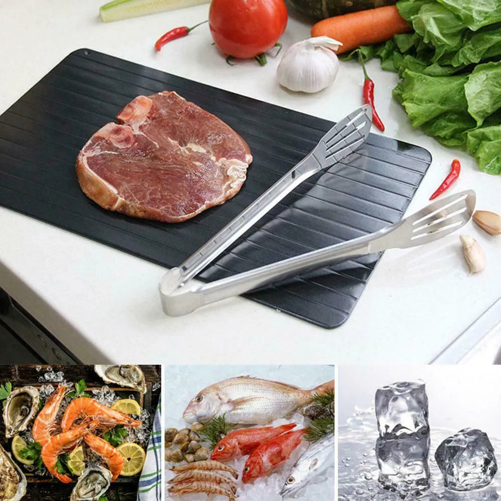 Black aluminium fast defrosting tray for kitchen use measuring approximately 23cm by 16.5cm