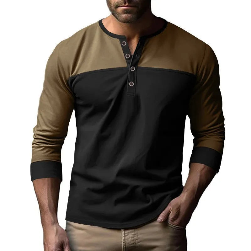 Men's solid colour long-sleeve casual shirt with a henley collar, shown in a brown tone.