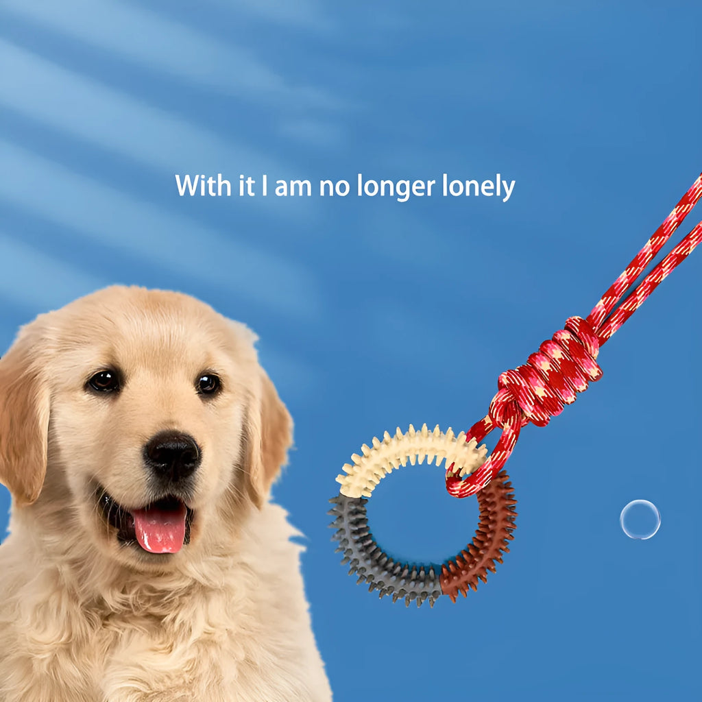Blue braided rope dog chew toy with a large central knot on a wooden floor