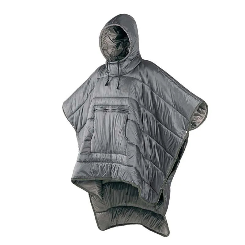 Adult wearable camping cloak sleeping bag showing grey and army green colour options