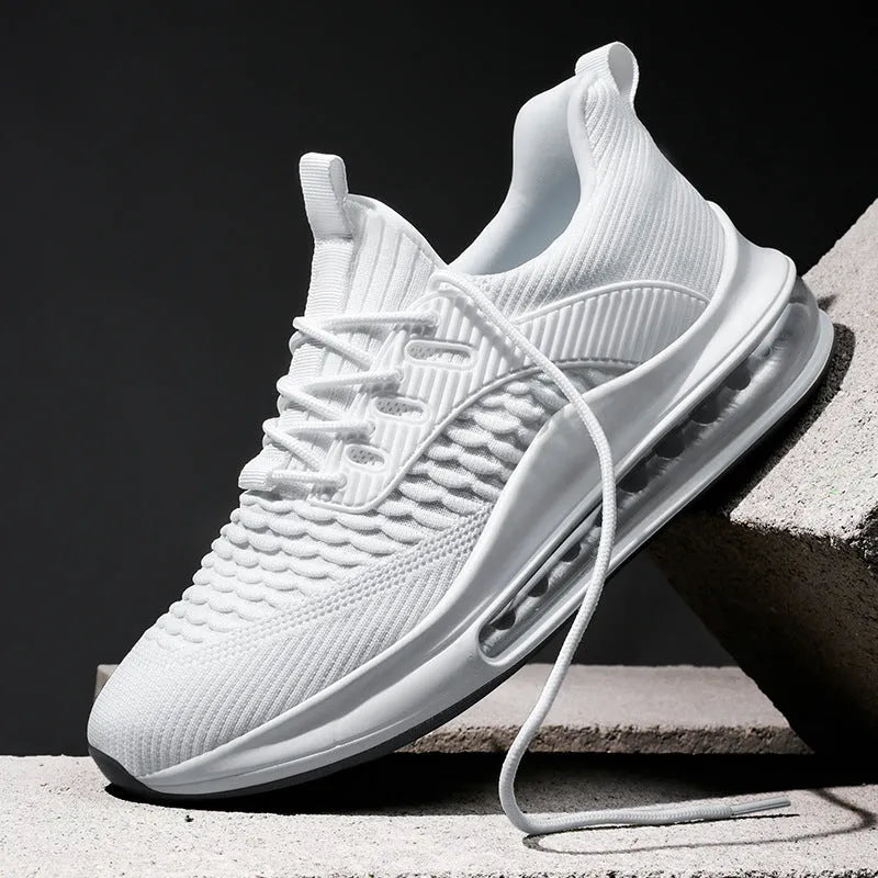 Men's black mesh running shoes with lace-up front and rubber sole on a white background