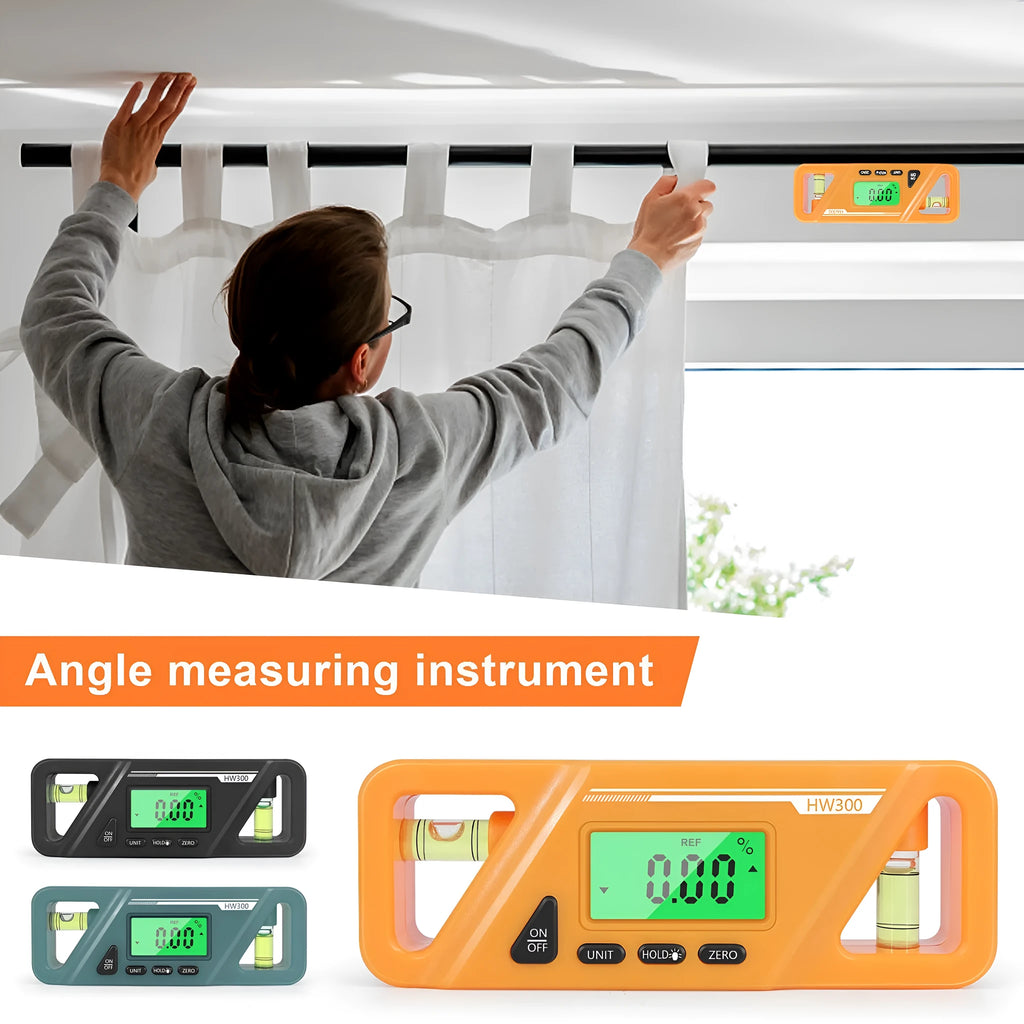HW300 digital inclinometer with magnetic base and LCD display showing an angle reading.