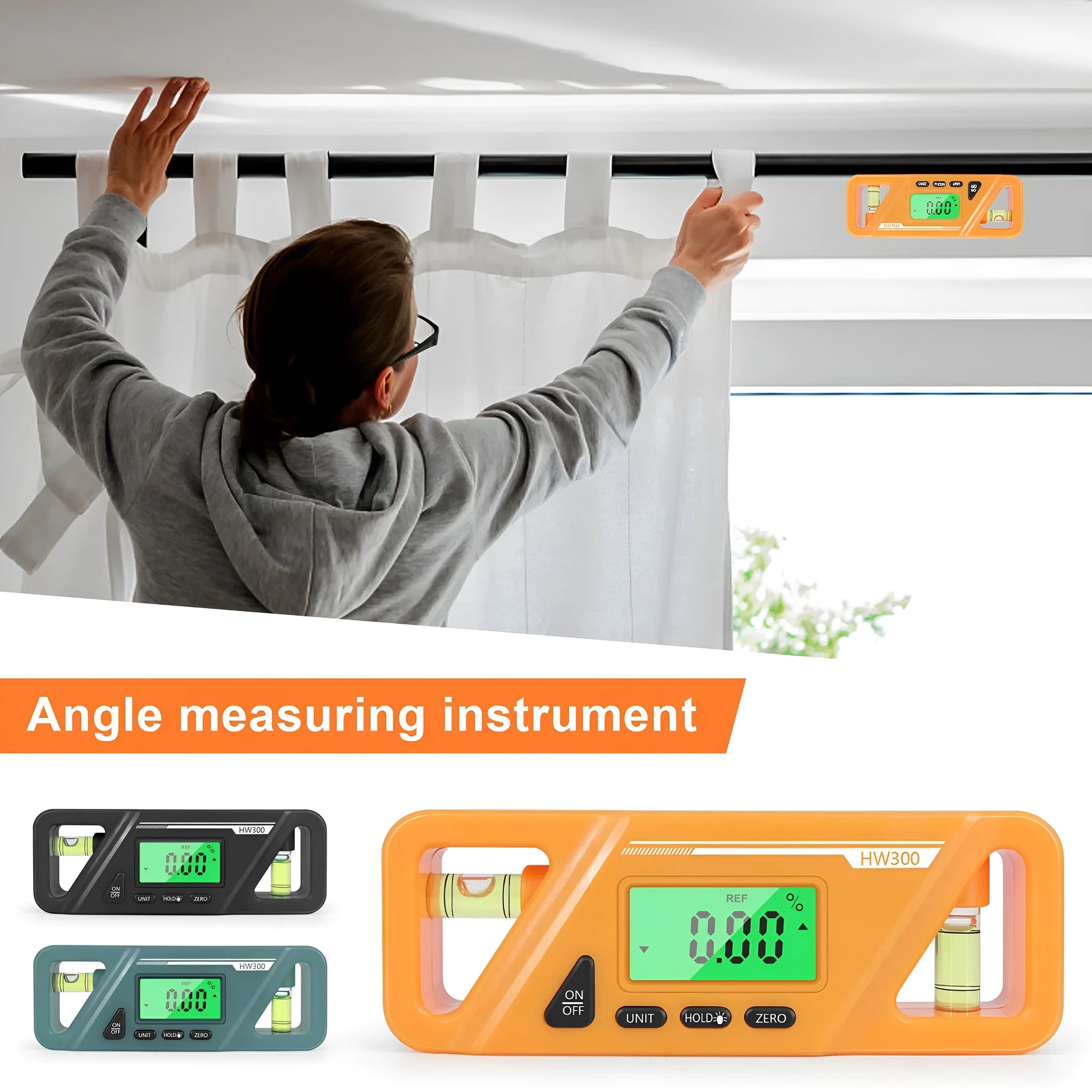 HW300 digital inclinometer with magnetic base and LCD display showing an angle reading.