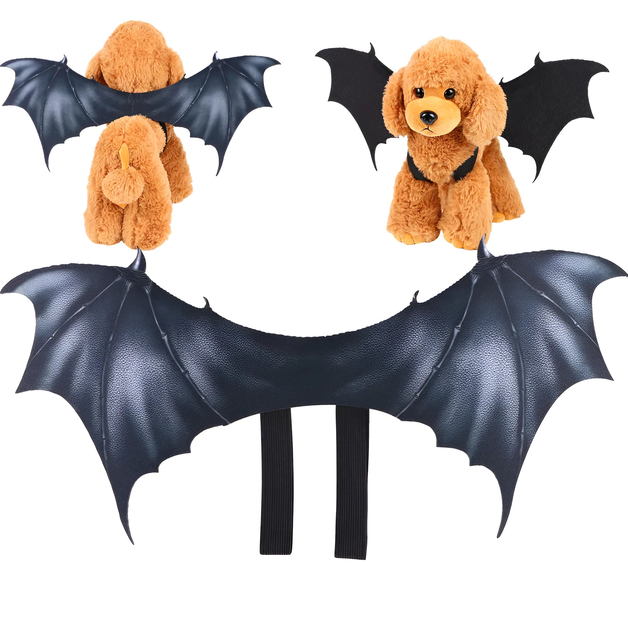 Black cloth bat wing costume accessory for a dog or cat on a Halloween background.